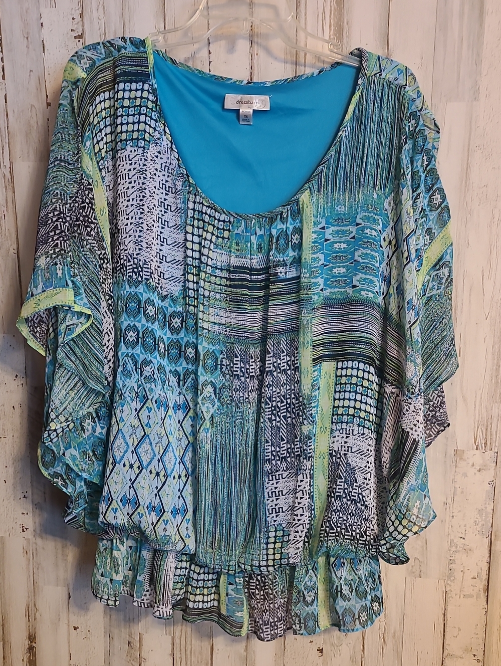 Drrss Barn Woman Cold Shoulder Teal & Aqua Printed Flutter Sleeve Blouse
